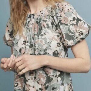 Anthropologie Maeve Floral Linen Puff Sleeve Top Blouse Green Floral